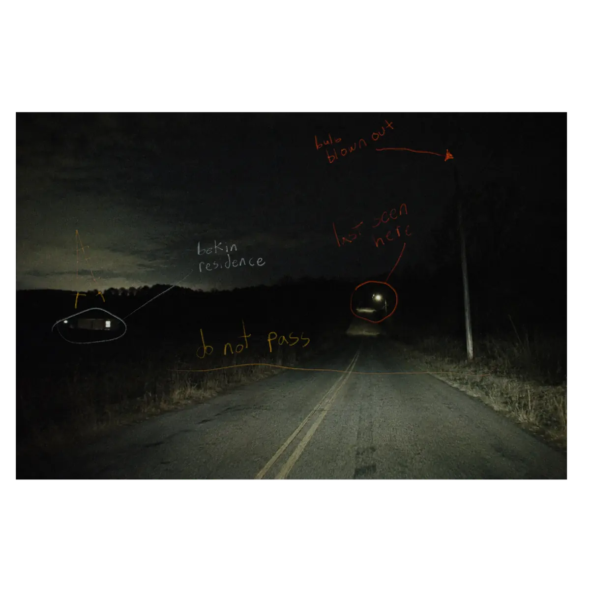 Marked nighttime photograph noting a possible sighting