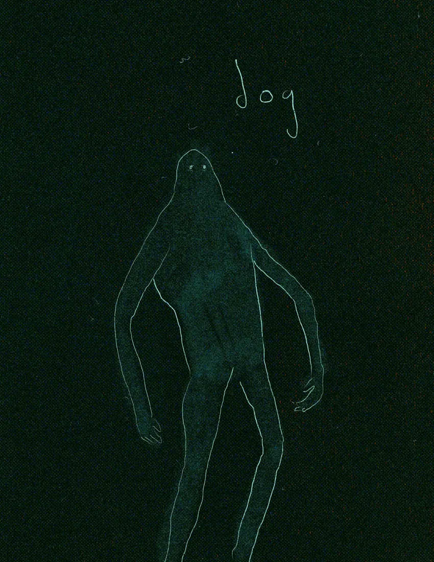 Long-limbed figure drawing labeled dog