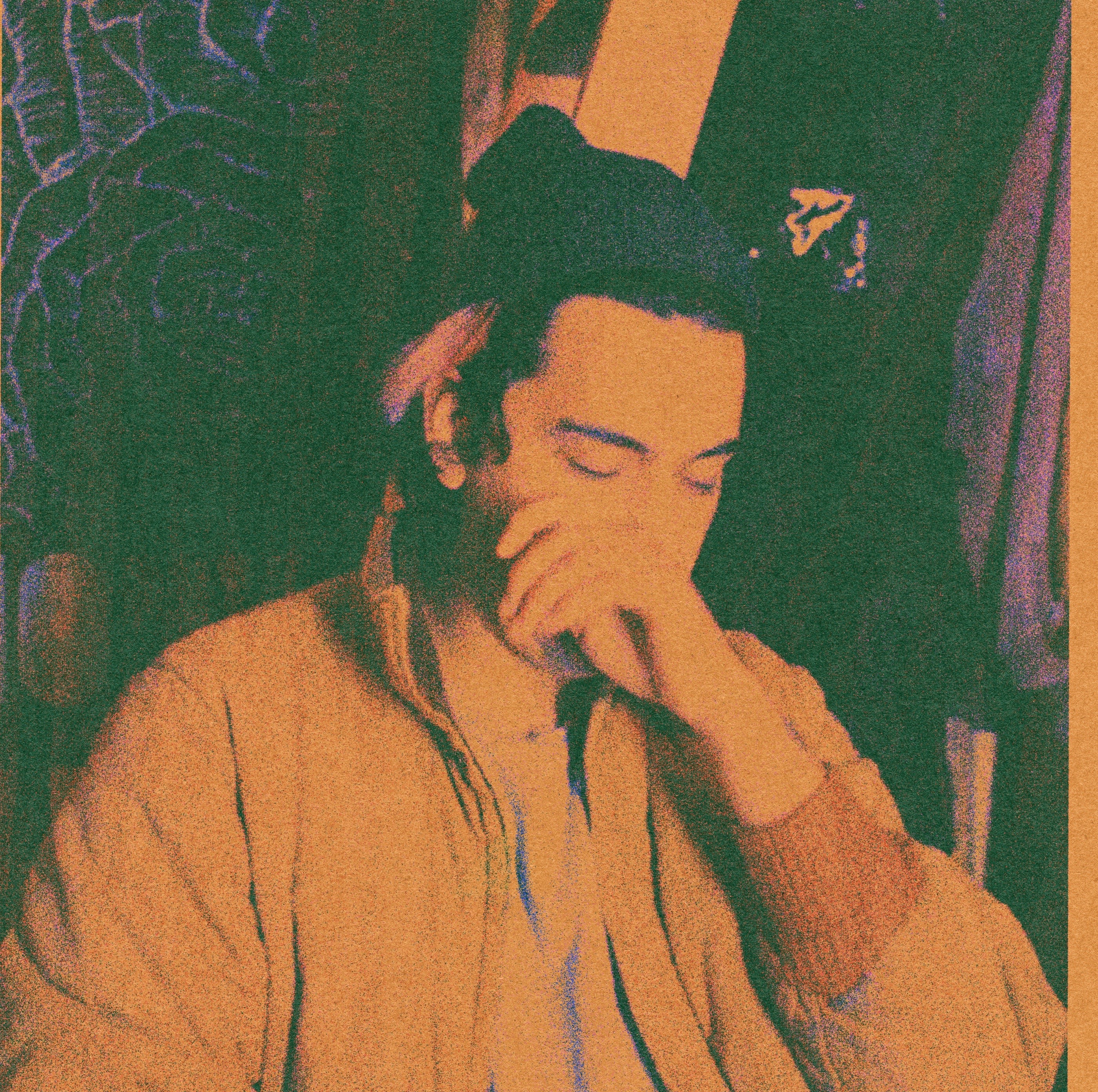 Warm-toned portrait with hand covering face