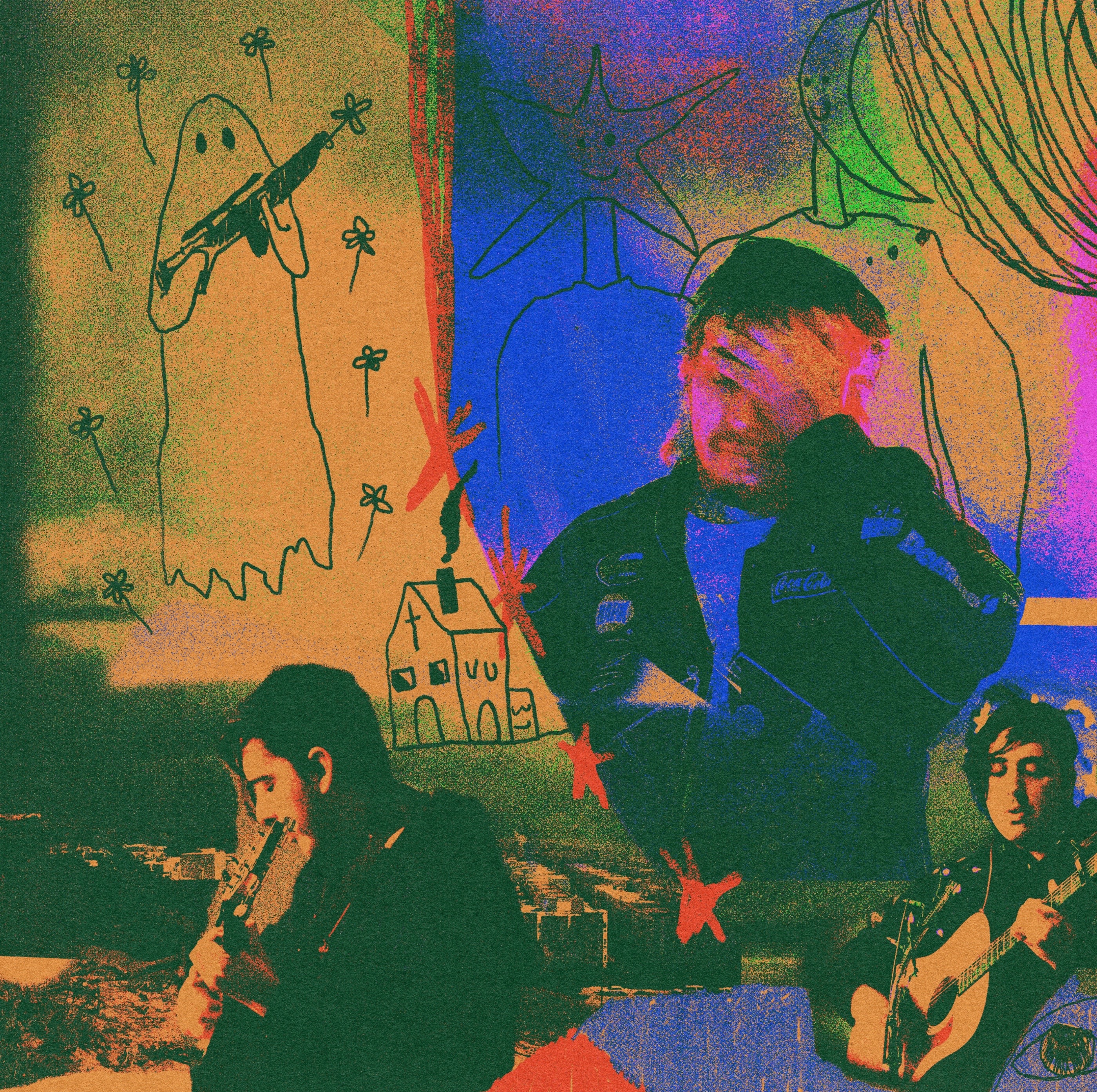 Collage with musicians, a house, stars, flowers and a ghost-like figure