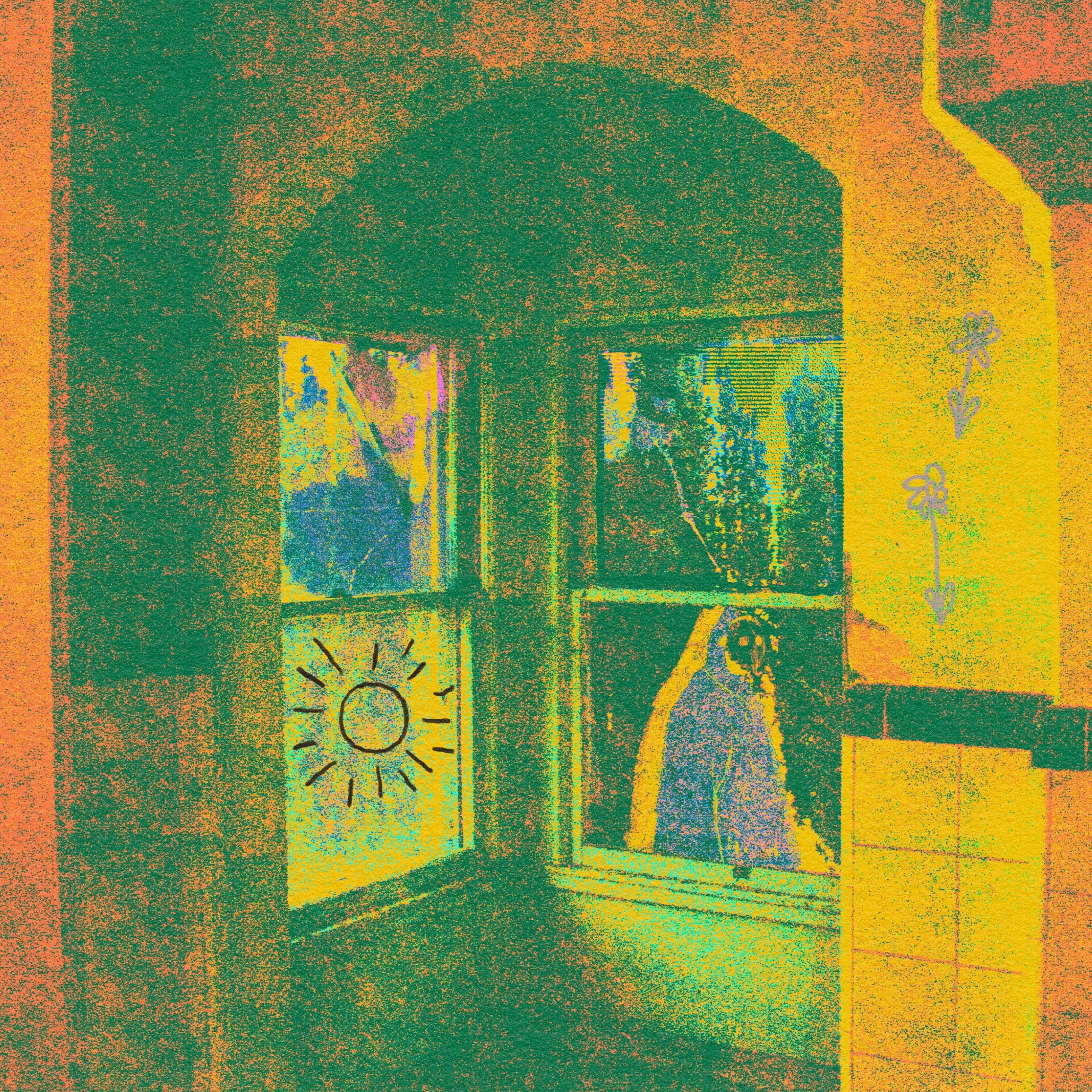 Orange and green interior doorway artwork with drawn sun and flowers