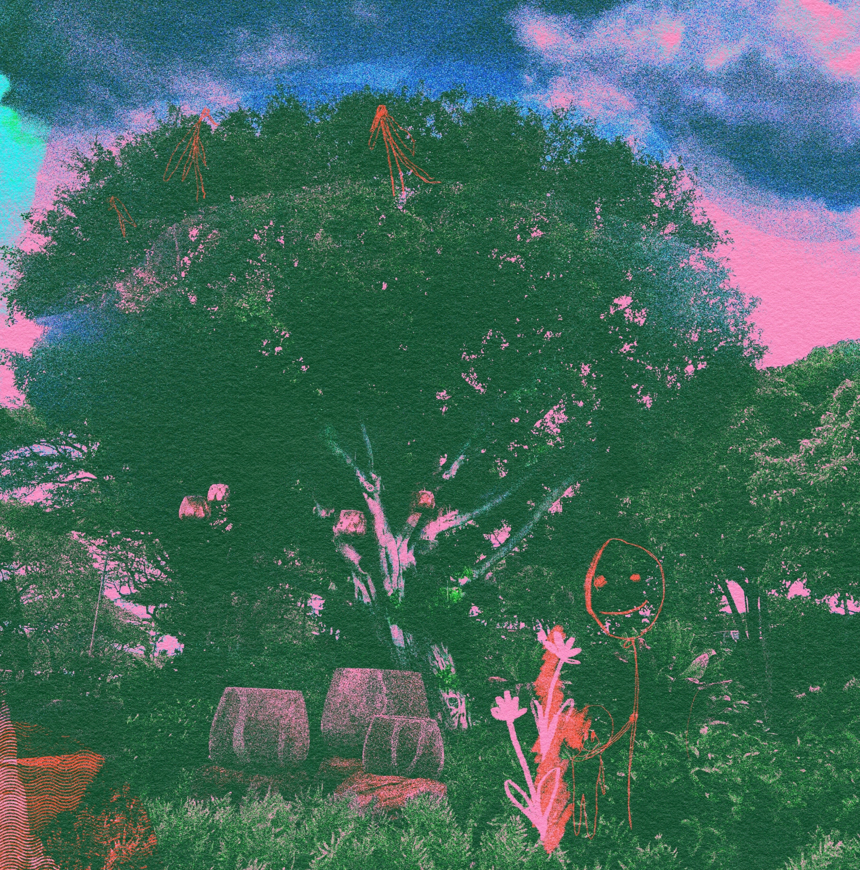 Tree and sky artwork with drawn flowers and a small outlined figure
