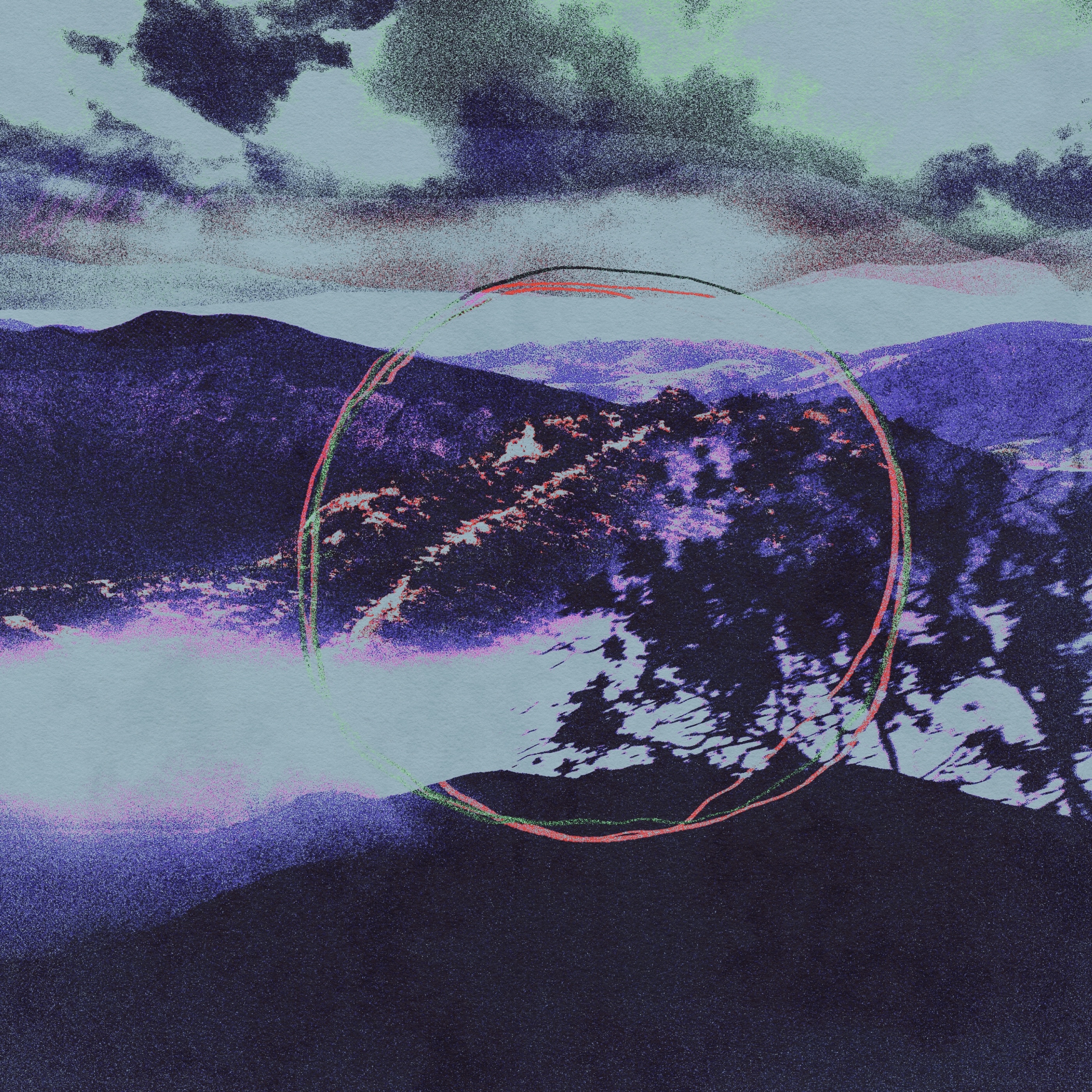 Mountain landscape collage with hand-drawn oval form
