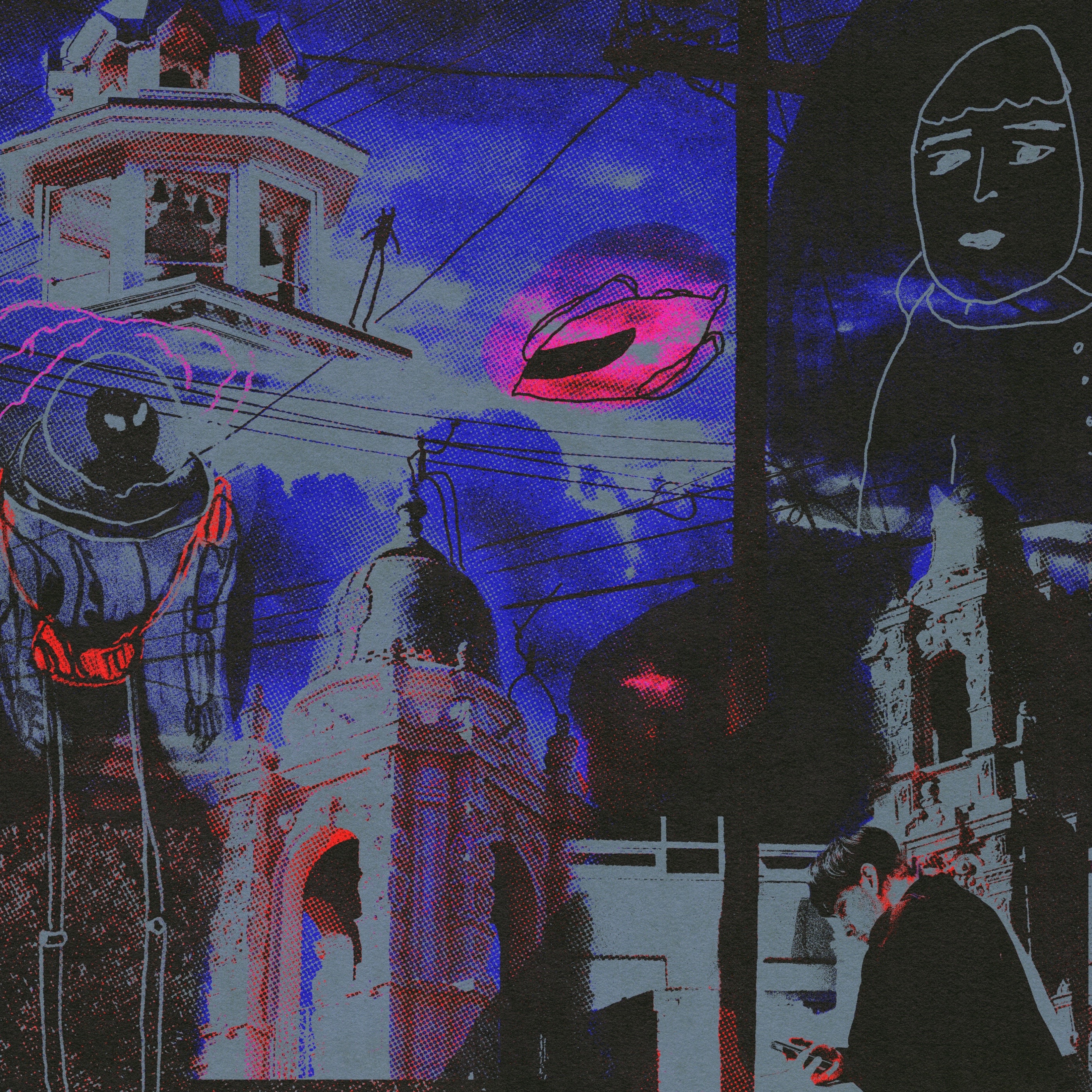 Deep blue architectural collage with drawn figures and floating forms